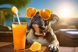 Dog with sunglasses on the beach photo