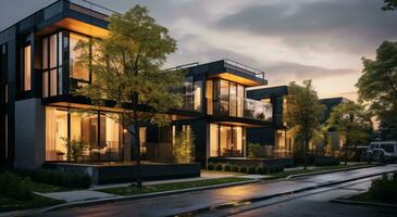 Modern condo townhouses in evening photo