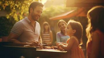 Young family is grilling at the barbecue photo