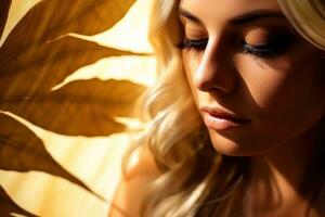 Tan woman with blond hair looking down at a leaf photo