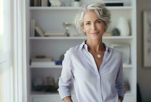 Attractive elderly woman standing in office at home photo