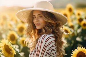 Beautiful woman in a straw hat standing in a sunflower field photo