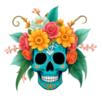 Floral Sugar skull isolated on transparent background. Day of the Dead celebration. AI generative illustration png