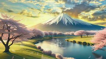 berg rivier- en kers bloesem panorama vido animatie video