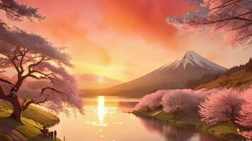 beautiful summer panorama with mountain, lake and cherry blossom video