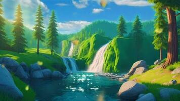 amazing mountain lake and waterfall panorama video animation, anime style