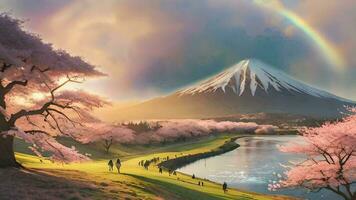 beautiful summer panorama with mountain, lake and cherry blossom video