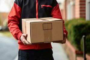 A parcel carrier brings a parcel to a front door created with generative AI technology. photo