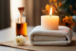 Spa towel and candle concept created with generative AI technology. photo