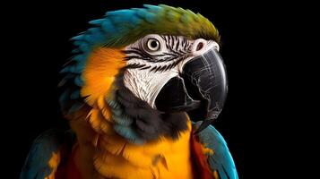 Close up portrait shot of beautiful blue yellow Macaw parrot bird head isolated on black. photo