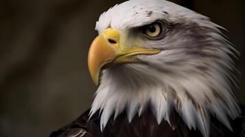 Close up portrait shot of Bald Eagle Haliaeetus Leucocephalus white head with sharp gaze. photo