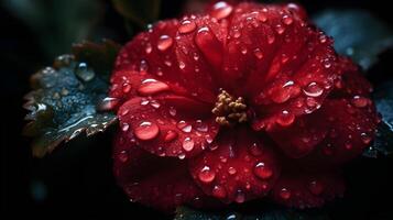 Beautiful close up wet red Japanese Camelia flower with some leaves and some water droplet looks fresh in the nature background. AI Generated photo