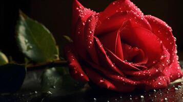 Close up beautiful wet red rose flower with some leaves and water droplet looks fresh laying on the studio set black background. AI Generated photo