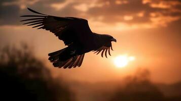 dorado águila Águila chrysaetos volador en el aire con montaña y tierras altas bosque antecedentes noche puesta de sol dorado hora. ai generado foto