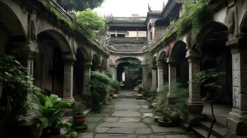 Old asian center open yard of oriental building architecture. AI Generated photo