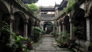 Old asian center open yard of oriental building architecture. AI Generated photo