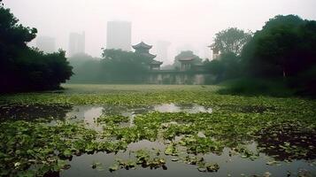 Mañana niebla terminado paisaje urbano con río, árboles, y verdor. ai generado foto