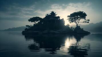 Serenely beautiful dawn landscape with calm ocean, sky, trees, and reflections. photo