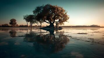 A tree in the center of a lake at dawn reflecting serene nature and colorful sky. AI Generated photo