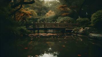 Beautiful wooden bridge over a dark calm lake with reflecting trees and serene nature. AI Generated photo