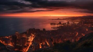 Beautiful metropolitan city skyscraper high rise building in the evening sunset cloudy sky, busy night life, illuminate light, aerial view, city landscape. AI Generated photo