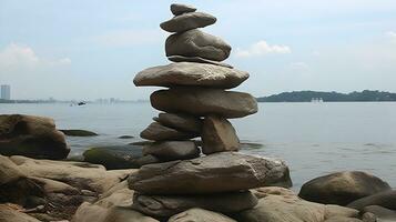 Pyramid of stone stack each other at the rocky beach. Balance rock or tower of stone. AI Generated photo