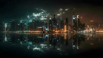 ciudad horizonte durante noche hora con reflexión en el agua. ocupado noche vida. ai generado foto
