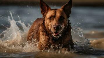 Brown Australian Kelpie dog playing in the water and looking straight forward. Swimming dog getting wet. AI Generated photo