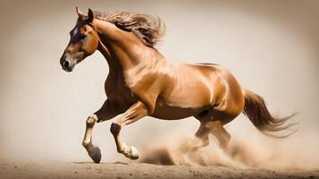 marrón salvaje caballo corriendo en el naturaleza difuminar antecedentes con lote de polvo en el suelo. ai generado foto