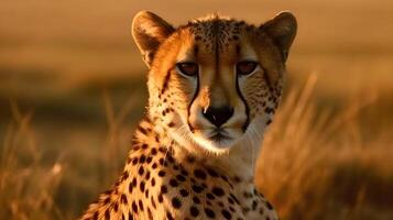 cerca arriba retrato feroz carnívoro leopardo, mirar fijamente o mirando a el cámara a Desierto sabana antecedentes. ai generado foto