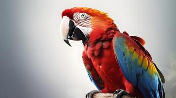 cerca arriba retrato Disparo rojo escarlata guacamayo pájaro aislado en blanco. ai generado foto