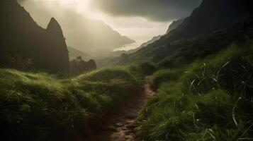 A pathway down to the coastal sea in the valley, bushes on the left and right, misty environment cloudy dark sky. photo