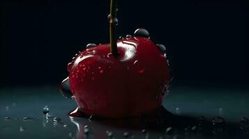 Macro shot close up perfect shiny group of red berries with some water drops on dark environment studio background. AI Generated photo