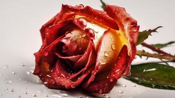 Beautiful wet red rose flower with some leaves and water droplet looks fresh laying on the studio set white background. photo