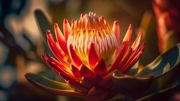 maro cerca arriba de maravilloso naranja exótico Rey protea flor macro Disparo naturaleza antecedentes. ai generado foto