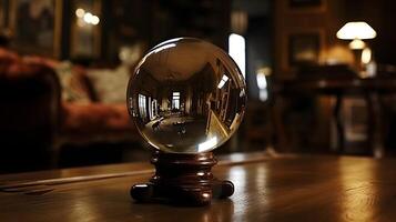 un grande brillante transparente vaso pelota esfera cristal en el mesa interior. ai generado foto