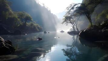 Serene Reflections, Captivating Nature Landscape with Foggy Forest river, Harmonious Sky, and calm Crystal Clear Water. AI Generated photo