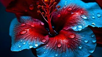 macro Disparo cerca arriba flor de rojo azul híbrido hibisco rosa-sinensis o limpiabotas planta con algunos agua gotas aislado en naturaleza antecedentes. ai generado foto
