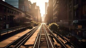 Steel rail road train track center perspective and city view with morning or evening sunset. AI Generated photo