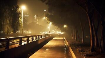 un jardín pie camino en el ciudad parque en el mañana, brumoso y tranquilo iluminar árbol en el lado. ai generado foto