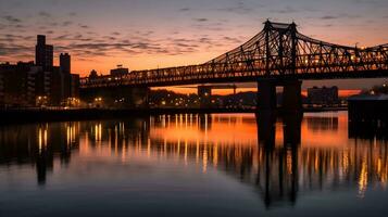 Captivating cityscape with illuminated bridge and stunning reflection on river evening sunset. AI Generated photo