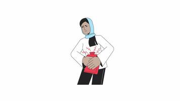 Struggling hijab woman holding heat pack on belly line 2D character animation. Menstrual pain cramps flat color cartoon 4K video, alpha channel. Female stomachache animated person on white background video