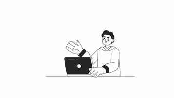 Handsome college boy on laptop bw 2D character animation. Black male working at computer outline cartoon 4K video, alpha channel. Man studying library animated person isolated on white background video