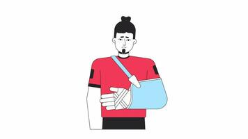 Upset man with arm brace line 2D character animation. Caucasian male patient flat color cartoon 4K video, alpha channel. Sighing man looking down on bandage hand animated person on white background video