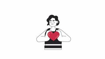 Young woman making heart bw 2D character animation. Heart girl latinamerican. Latina student outline cartoon 4K video, alpha channel. Happy hispanic female animated person isolated on white background video