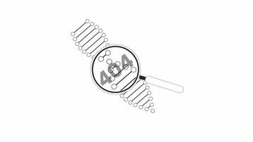 DNA strand rotating through magnifying glass black and white error 404 animation. Error message gif, motion graphic. DNA spiral in loupe magnifier animated objects linear 4K video isolated on white