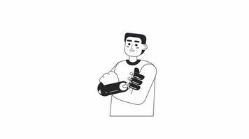 zahnig strahlend jung schwarz Kerl mit Prothese Gliedmaßen bw 2d Charakter Animation. Gliederung Karikatur 4k Video, Alpha Kanal. zuversichtlich Mann mit künstlich Arm animiert Person isoliert auf Weiß Hintergrund video