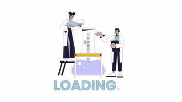 Lab technicians conducting chemical experiment line 2D loading animation. STEM students animated cartoon linear characters 4K video loader motion graphic. Pouring liquid science download process gif