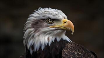 Close up portrait shot of Bald Eagle Haliaeetus Leucocephalus white head with sharp gaze. photo