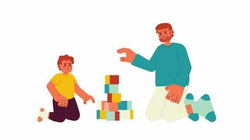 Father son playing cartoon animation. Toddler boy building wooden blocks with dad 4K video motion graphic. Caucasian man playing with kid 2D color animated characters isolated on white background